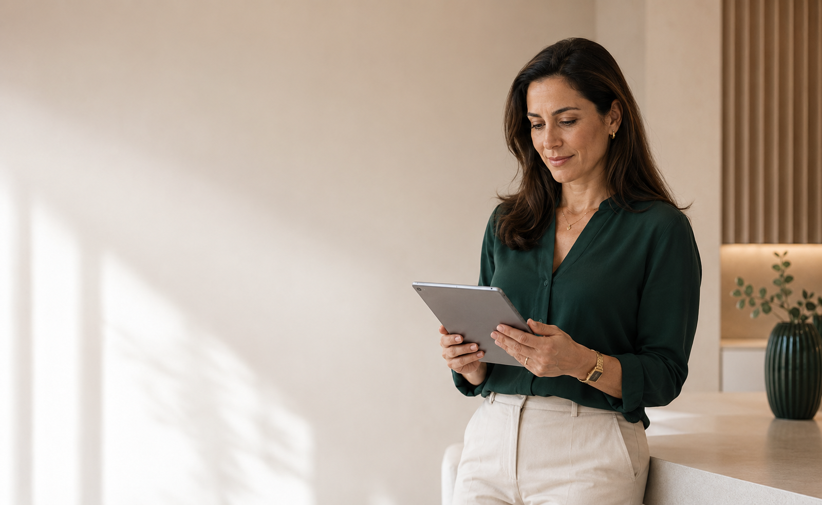 Mulher lendo um conteúdo da Virtual Contábil em um tablet